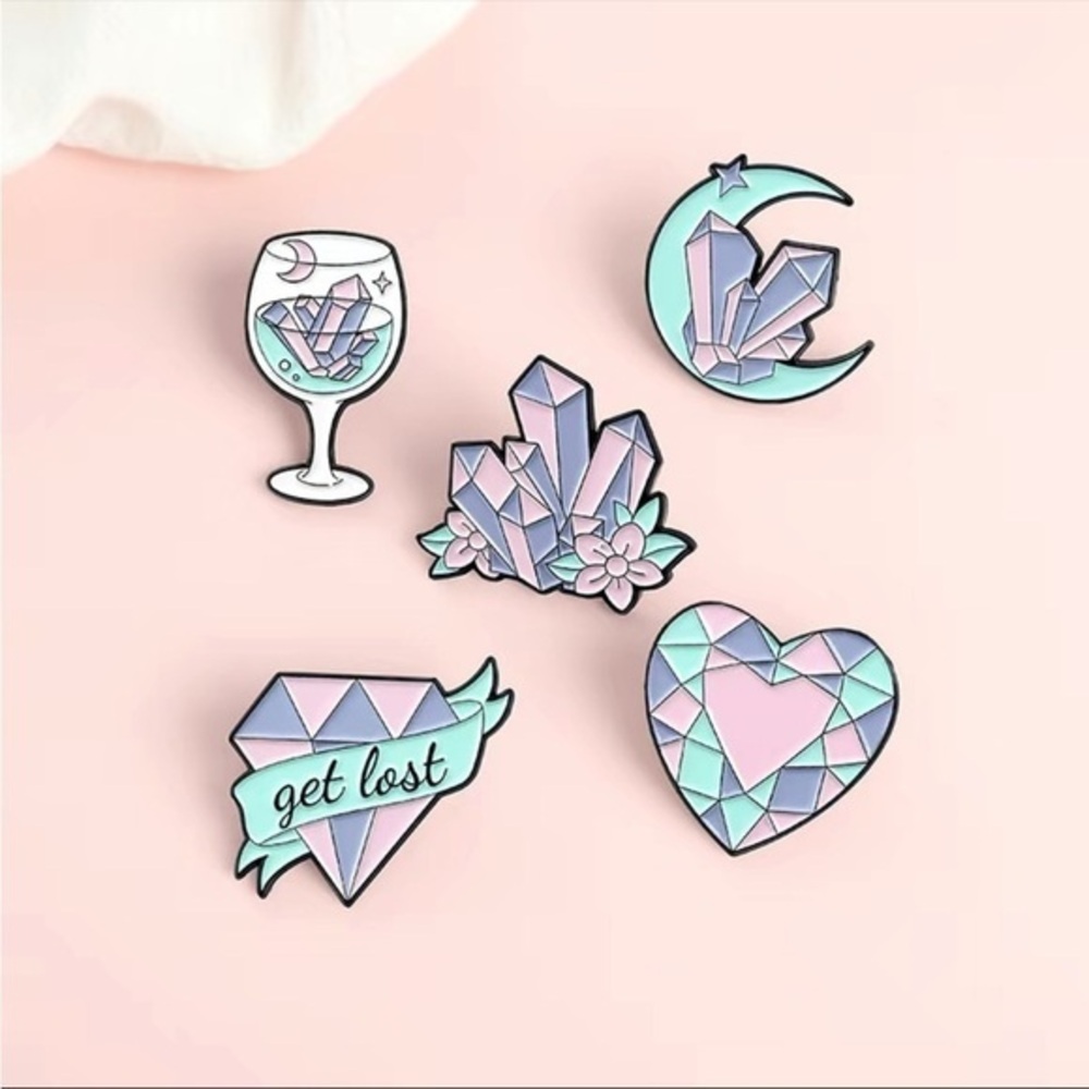Pastel Crystal Enamel Pin Set Kawaii Aesthetic Lapel Pins 5-Piece NWT